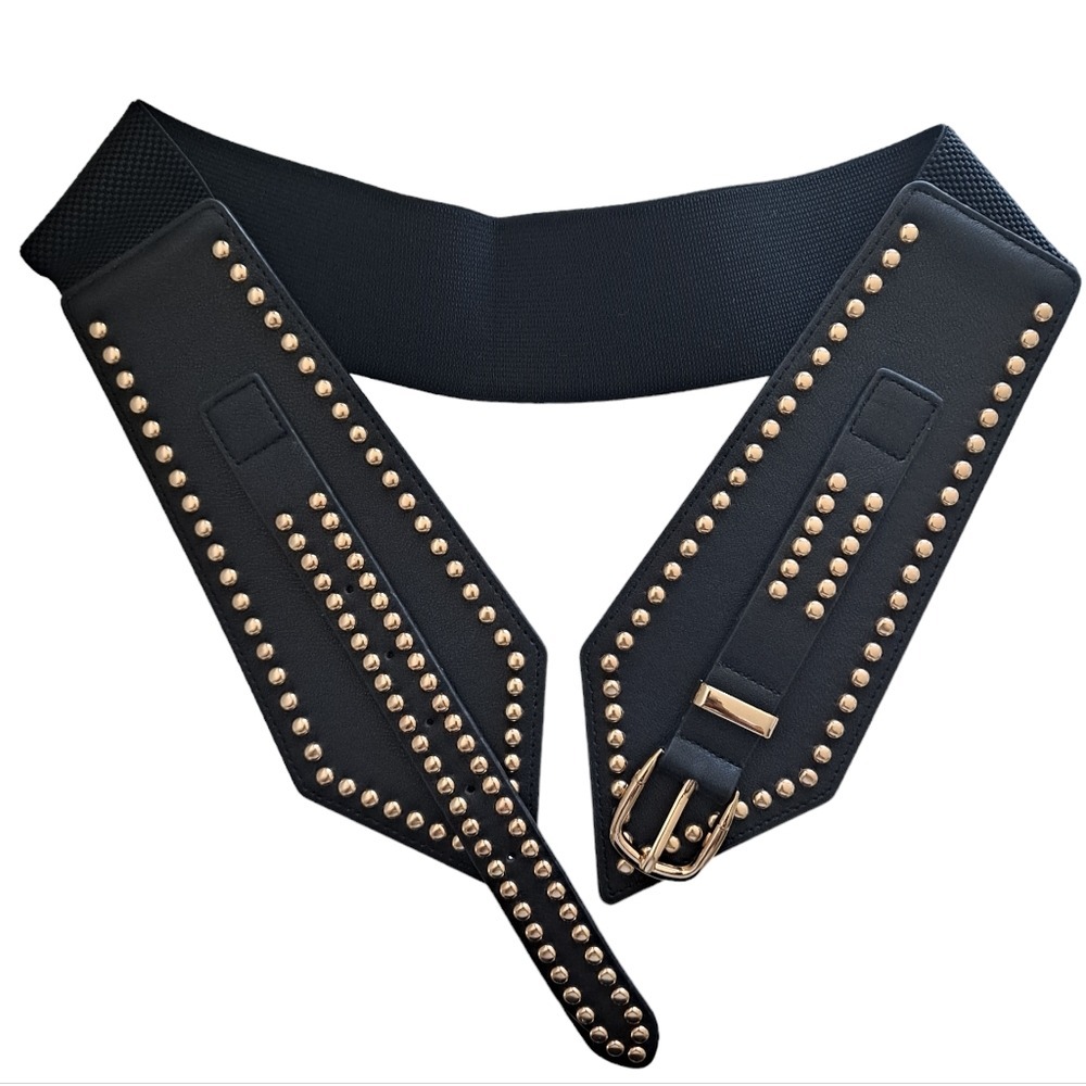 Wide black faux leather gold buckle studded Belt corset stretch punk Statement - Picture 7 of 10